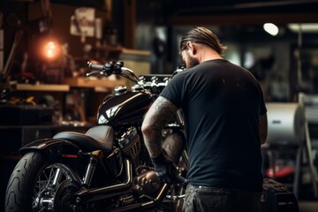 Fototapeta na wymiar A male mechanic is working in a american motorcycle