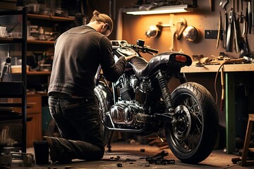 Fototapeta na wymiar A male mechanic is working in a american motorcycle