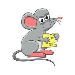 Mouse with piece of cheese. Cartoon illustration