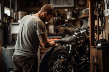 Obraz na płótnie Canvas A male mechanic is working in a american motorcycle