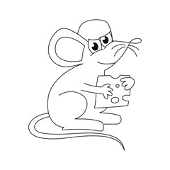 Mouse with piece of cheese. Outline illustration