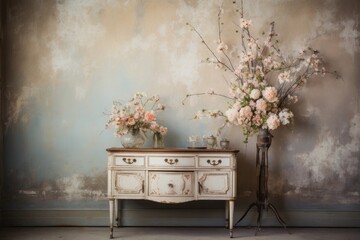 Antique wooden dresser standing in living room with bouquet of flowers. Old style furniture, nostalgia concept - obrazy, fototapety, plakaty