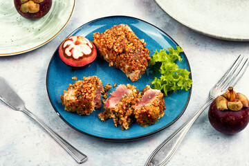 Tuna steak fried with mangosteens.