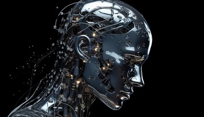 Futuristic Artificial Head with Wires on Dark Background, Generative AI