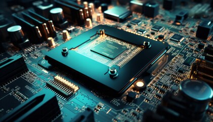 Fototapeta premium Festive Circuit Board Background with Glowing Green Lights and Electronic Components, Copy Space, Generative AI