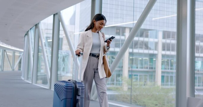 Airport, business woman and phone text with luggage for company travel and commute. Suitcase, mobile networking and female professional with social media and app scroll walking with bag for holiday