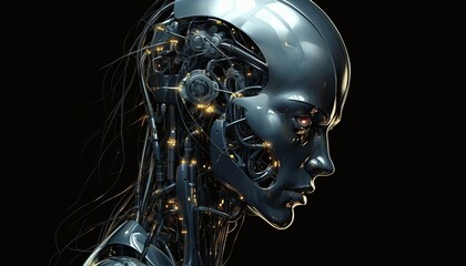 Futuristic Robot in Front of Dark Background with Glowing Neon Lights, Technology Concept, Copy Space, Generative AI