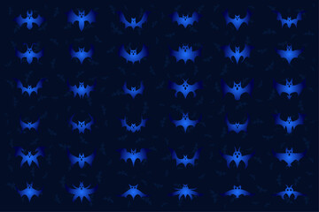 Horror zombie and halloween blue neon glowing bats collections on blue dark background