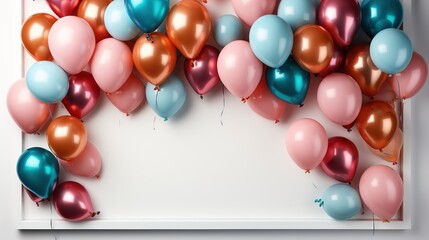 Birthday card layout of party balloons on a white background with copy space. Generative AI