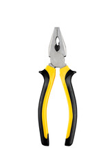 Hand tool pliers. Yellow pliers isolated on white background. Pliers for repairing appliances.