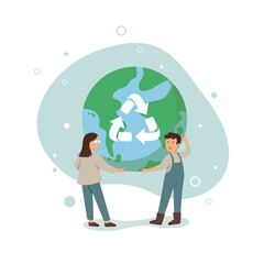 Banner cartoon  young woman and man holding earth with recycle sign, Ecology and environmental protection, Green day. 