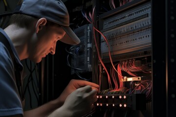 Serviceman engineer system administrator computer specialist man male guy electrician technician diagnoses revises inspecting server computer internet cloud development backend equipment cables wires