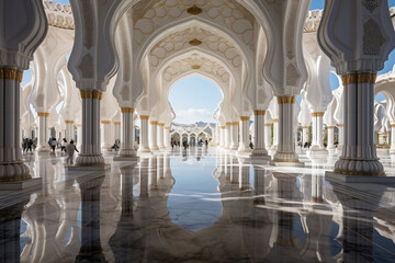 Mosque entrance bathed in divine light,