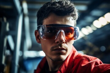 Focused worker man portret technological industrial complex factory production line workers face safety measures eyewear manufacturing mechanical scientific close-up employee enthusiasm concentration