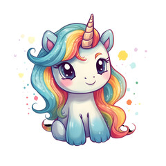 Cute kawaii happy funny unicorn with rainbow colored tail and mane.  Transparent background.  Transparent png file