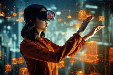 Young woman wearing VR goggles immersed in cyberspace interacts with objects in virtual reality through gesture control. AR augmented and mixed reality technology concept. - obrazy, fototapety, plakaty