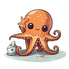 Cute happy octopus under the sea holding a starfish.    