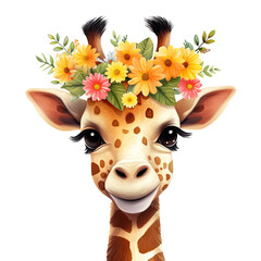 Cute kawaii giraffe with a crown of flowers on its head.  Transparent background