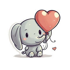 Cute kawaii happy funny elephant holding a heart shaped balloon.  