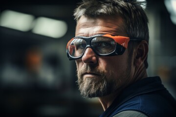 Focused worker man portret technological industrial complex factory production line workers face safety measures eyewear manufacturing mechanical scientific close-up employee enthusiasm concentration