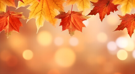 Naklejka na ściany i meble Autumn background of maple leaves with bokeh light Generative ai