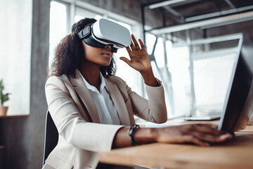 African american businesswoman using VR goggles while working in office, explores the digital metaverse, blending technology with business. - Powered by Adobe