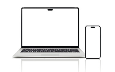 Laptop computer and mobile phone mockups isolated on white background