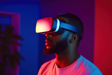 Portrait of African American man wearing VR headset at home in neon light. Adult male using virtual reality googles in living room, playing computer games.