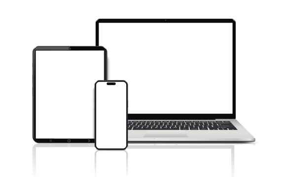 Laptop computer, tablet and mobile phone. Flat lay detailed and realistic devices mockup