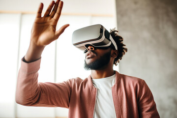 African American man wearing VR goggles, experiencing augmented reality technology. Man surprised with new interactive AR applications, using virtual reality headset.