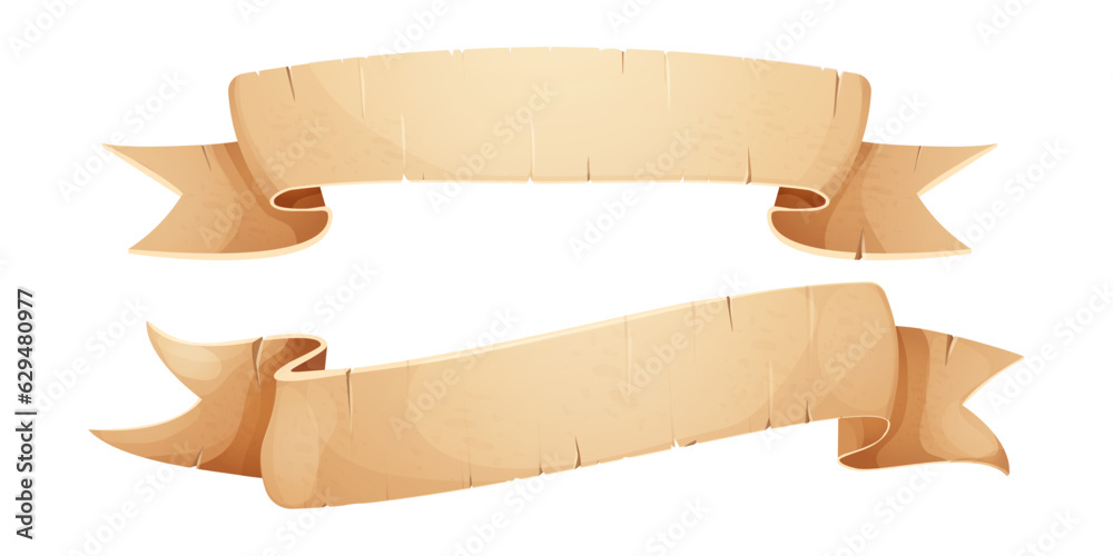 Wall mural set parchment paper scroll ribbon, old vintage banner game ui element in cartoon style isolated on w