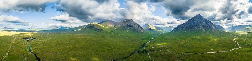 Rannoch Moor and Mountains around Buachaille Etive Mòr from a drone, River Coupall, Glen Etive and River Etive, Highlands, Scotland, UK © Maciej Olszewski