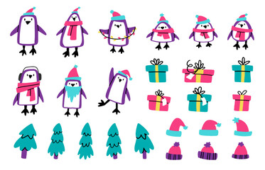 Cute New Year's Eve set with naive style illustrations. Funny penguins, Christmas hats, gift boxes and Christmas trees. Vector illustration Isolated on a white background.