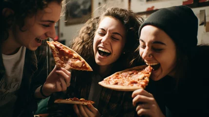 Fotobehang Group of people eating pizza. Happy mood    Generative AI © Nico Vincentini