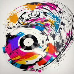 Colorful music background with retro grunge vinyl record, AI generated