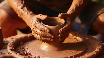 Hands of potter making clay pot. Close up process shot of a potter's hands shaping clay on a pottery wheel, Generative Ai