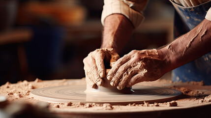 Hands of potter making clay pot. Close up process shot of a potter's hands shaping clay on a pottery wheel, Generative Ai