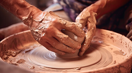 Hands of potter making clay pot. Close up process shot of a potter's hands shaping clay on a pottery wheel, Generative Ai