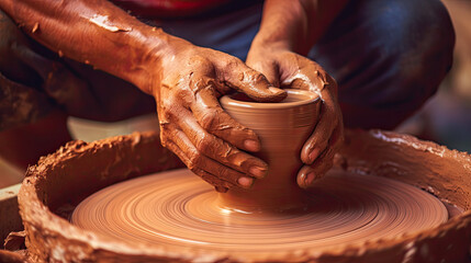 Hands of potter making clay pot. Close up process shot of a potter's hands shaping clay on a pottery wheel, Generative Ai
