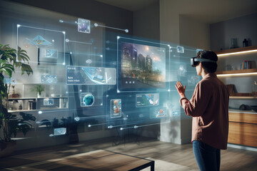 Woman wearing virtual reality goggles in living room, using gestures for control applications on multimedia augmented reality screen projection. Concept of AR and VR future technology. 