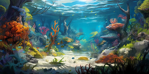An illustration of an underwater scene with abundance of ocean plants colorful coral reefs sunlight piercing through the water, seagrass, enchanting depths, tranquility