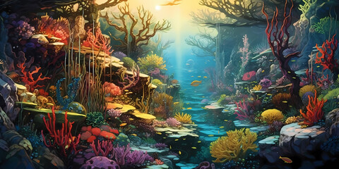 Obraz na płótnie Canvas An illustration of an colorful underwater scene with abundance of ocean plants colorful coral reefs sunlight piercing through the water, seagrass, enchanting depths, tranquility