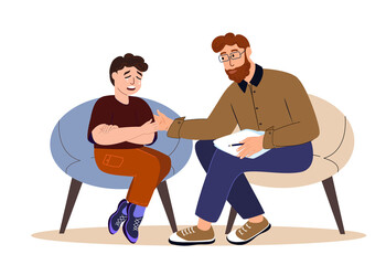 Child psychotherapist supporting , comforting Crying boy sitting the session with a psychologist.Difficult teenager crisis,psychological trauma,children problems.Mental health.Flat vector illustration