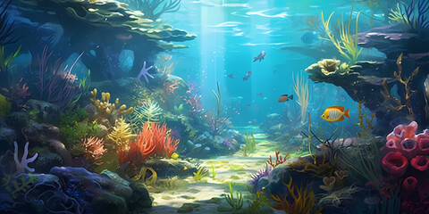 An illustration of an underwater scene with abundance of ocean plants colorful coral reefs sunlight piercing through the water, seagrass, enchanting depths, tranquility