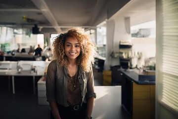 Portrait of beautiful young smart smiling African American girl in the office. 