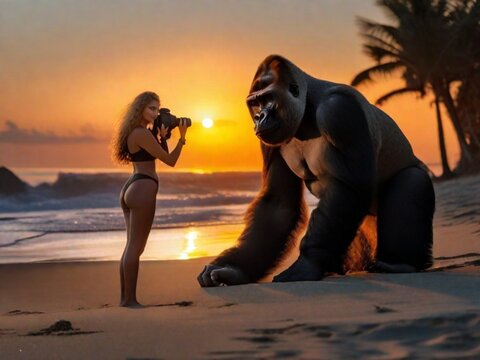 bionda sexy in bikini nella spiaggia scatta una foto a un gorilla macho alfa al tramonto