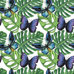 Seamless pattern tropical leaves Monstera, blue purple butterfly. Hand-drawn watercolor illustration isolated on white background. Textile, print, wrapping paper