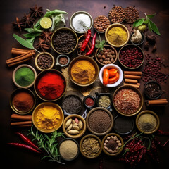 Cooking ingredients, colorful variety of spices, herbs and other ingredients