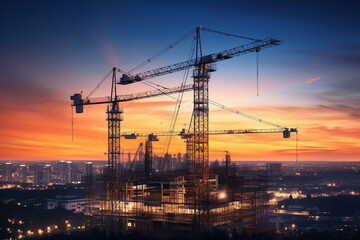 Tower cranes against the blue or sunrise or sunset sky. House under construction. Industrial skyline