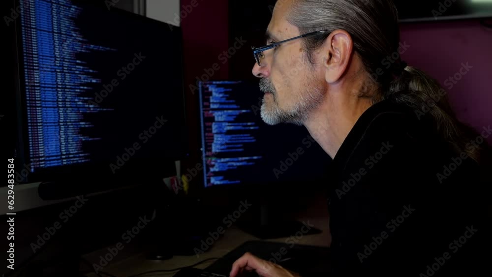 Wall mural middle aged programmer with glasses and a ponytail coding in a darkened office